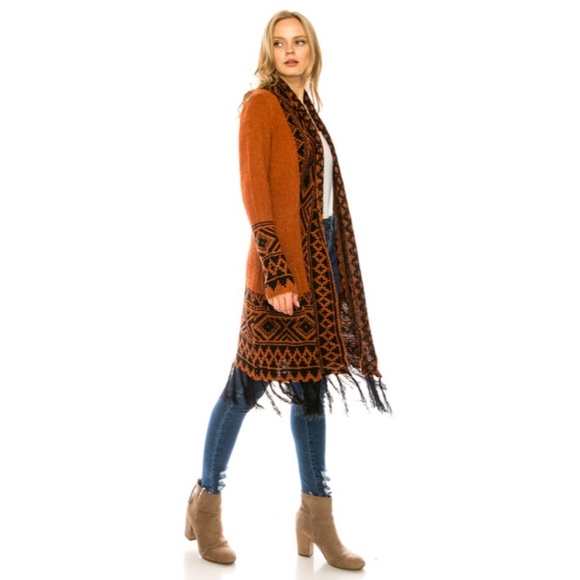 SOLD OUT Rust Black Tribal Open Front Long Knit Cardigan Sweater W/ Fringe - Picture 3 of 4